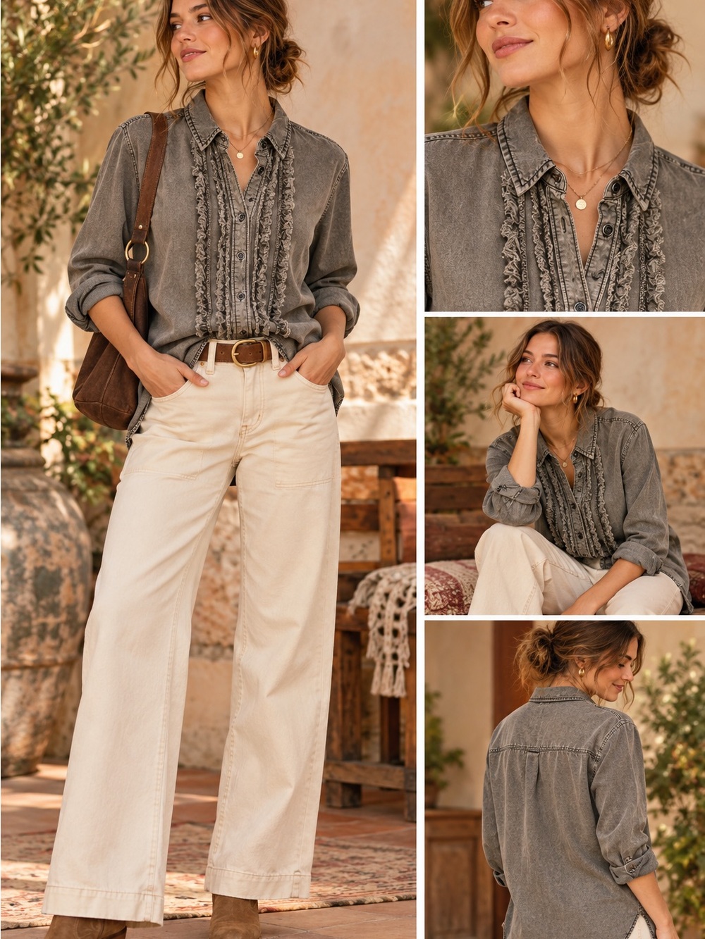 Pilcro Gray Washed Ruffle Trim Detail ‘Juni’ Button-Down Long-Sleeve Shirt Sz S